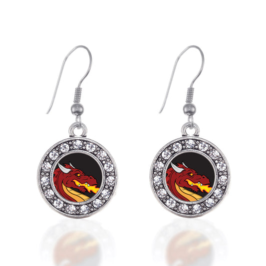 Silver Fire Breathing Dragon Circle Charm Dangle Earrings