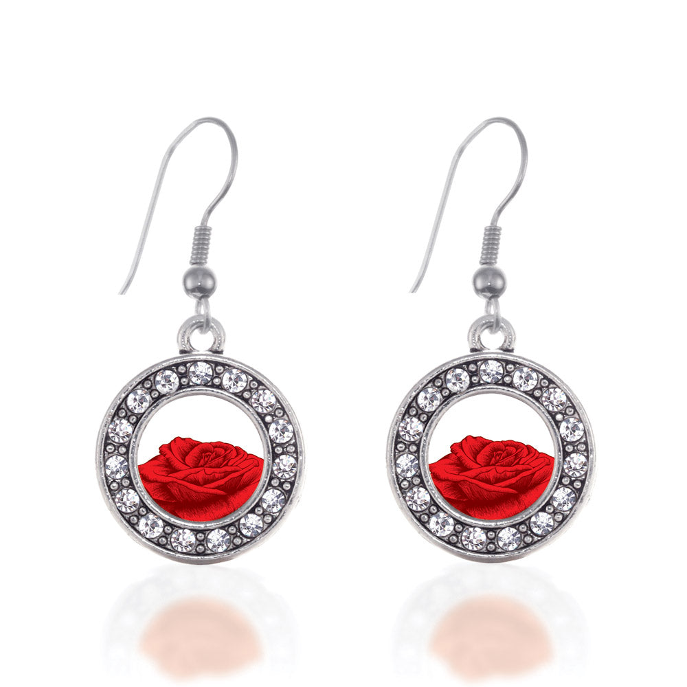 Silver Red Rose Circle Charm Dangle Earrings