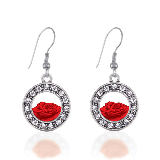 Silver Red Rose Circle Charm Dangle Earrings
