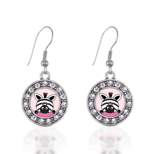 Silver Peeking Zebra Circle Charm Dangle Earrings