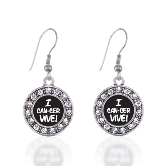 Silver I Can-Cer-Vive Circle Charm Dangle Earrings