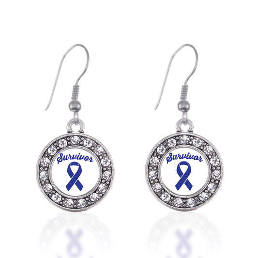 Silver Blue Ribbon Survivor Circle Charm Dangle Earrings