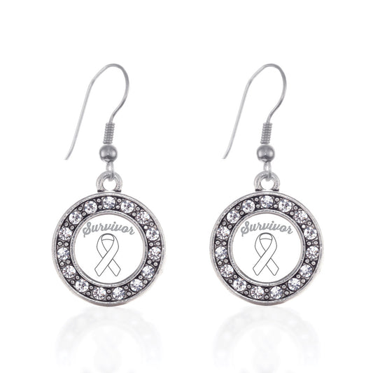 Silver White Ribbon Survivor Circle Charm Dangle Earrings
