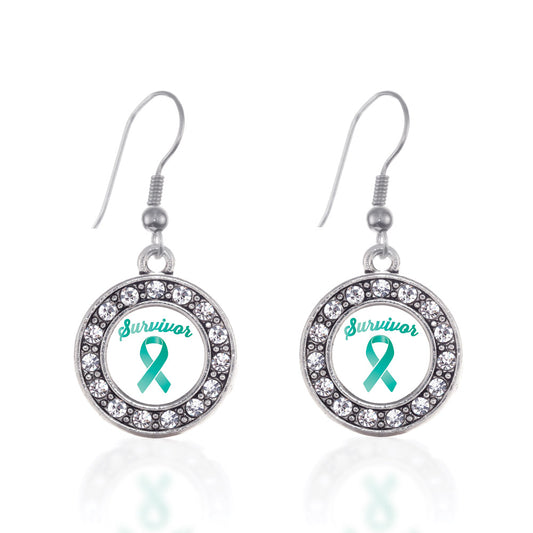 Silver Teal Ribbon Survivor Circle Charm Dangle Earrings