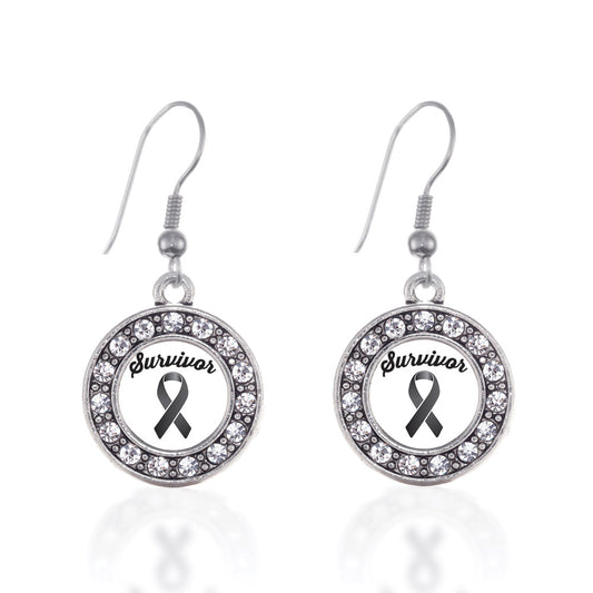 Silver Black Ribbon Survivor Circle Charm Dangle Earrings