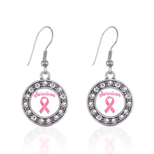Silver Pink Ribbon Survivor Circle Charm Dangle Earrings