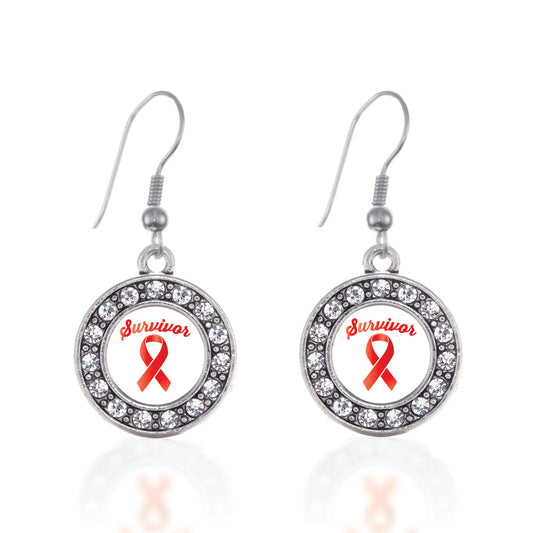 Silver Red Ribbon Survivor Circle Charm Dangle Earrings