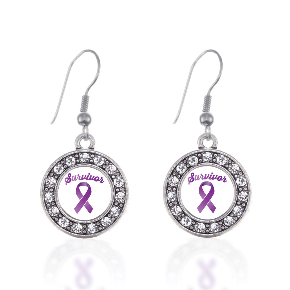 Silver Purple Ribbon Survivor Circle Charm Dangle Earrings