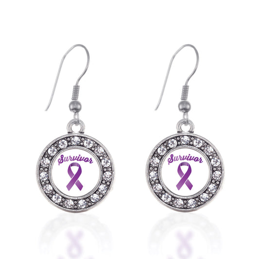 Silver Purple Ribbon Survivor Circle Charm Dangle Earrings