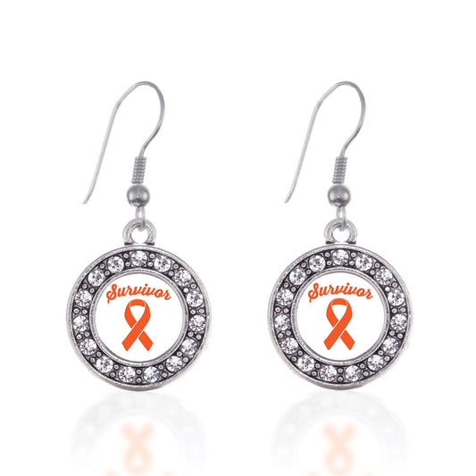 Silver Orange Ribbon Survivor Circle Charm Dangle Earrings