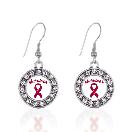 Silver Burgundy Ribbon Survivor Circle Charm Dangle Earrings