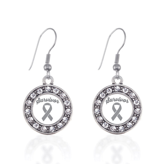 Silver Gray Ribbon Survivor Circle Charm Dangle Earrings