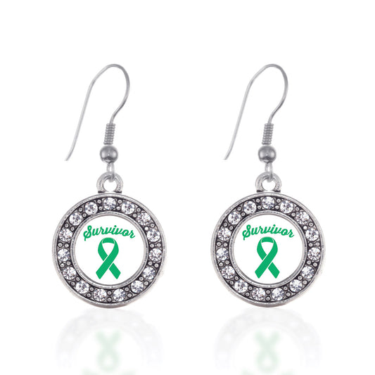 Silver Green Ribbon Survivor Circle Charm Dangle Earrings