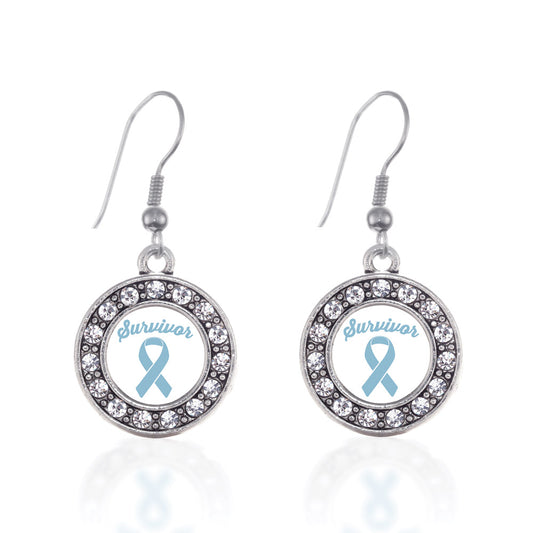Silver Light Blue Ribbon Survivor Circle Charm Dangle Earrings