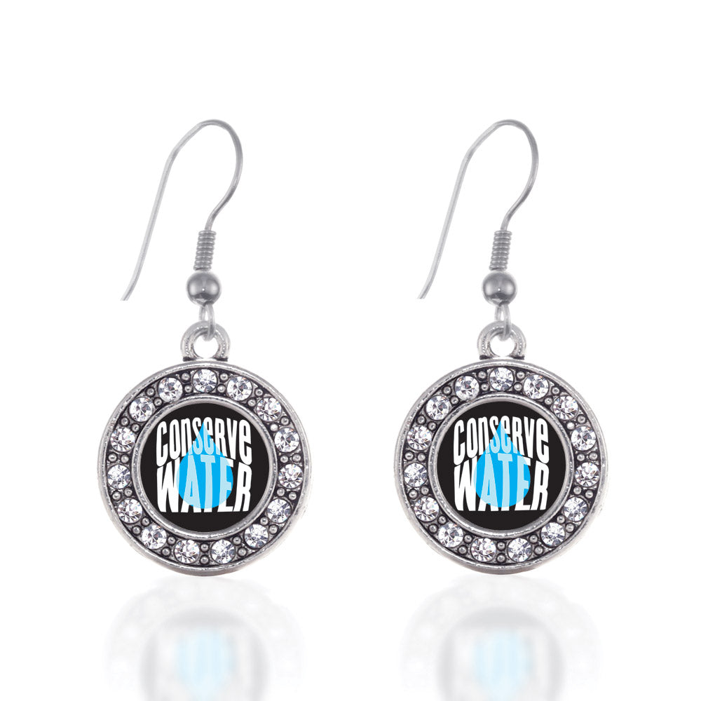 Silver Conserve Water Circle Charm Dangle Earrings