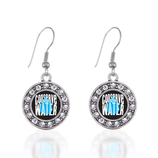 Silver Conserve Water Circle Charm Dangle Earrings