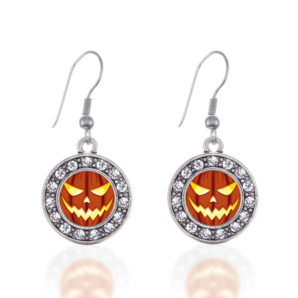 Silver Grinning Pumpkin Circle Charm Dangle Earrings