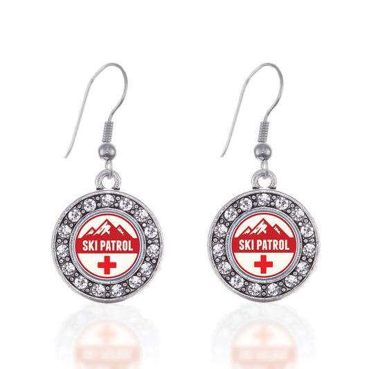 Silver Ski Patrol Circle Charm Dangle Earrings