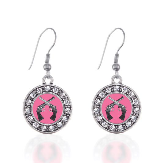 Silver Girls N' Guns Circle Charm Dangle Earrings