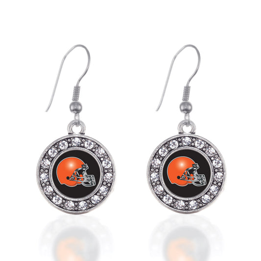 Silver Black and Orange Team Helmet Circle Charm Dangle Earrings