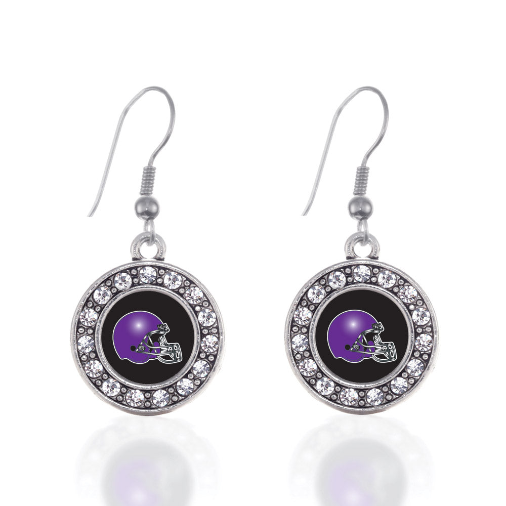 Silver Black and Purple Team Helmet Circle Charm Dangle Earrings