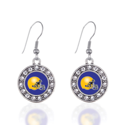 Silver Blue and Yellow Team Helmet Circle Charm Dangle Earrings