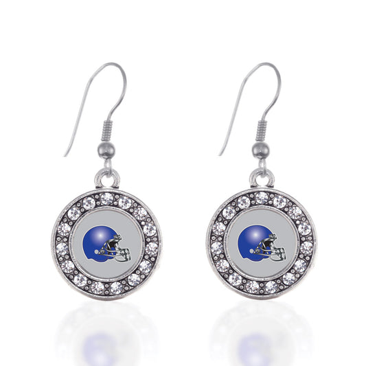 Silver Grey and Blue Team Helmet Circle Charm Dangle Earrings