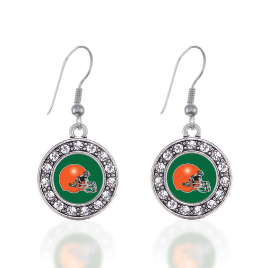 Silver Green and Orange Team Helmet Circle Charm Dangle Earrings