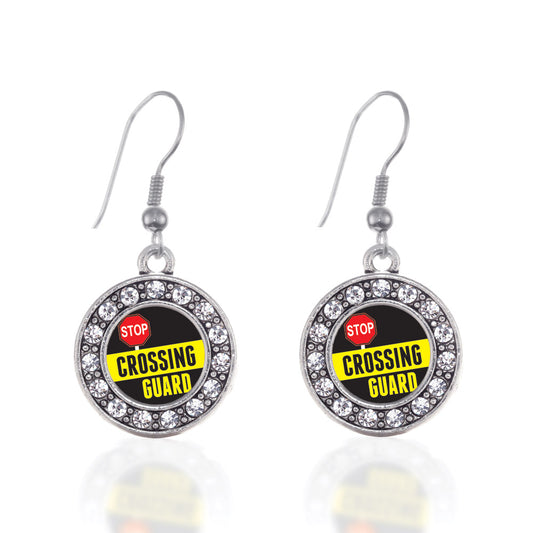 Silver Crossing Guard Circle Charm Dangle Earrings