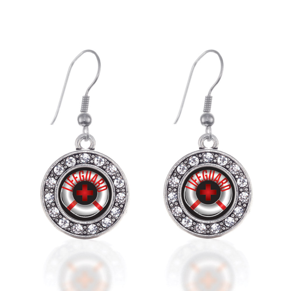 Silver Life Guard Circle Charm Dangle Earrings