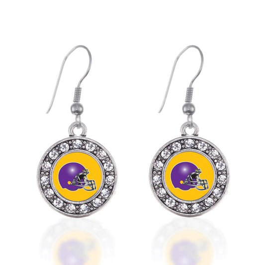 Silver Yellow and Purple Team Helmet Circle Charm Dangle Earrings