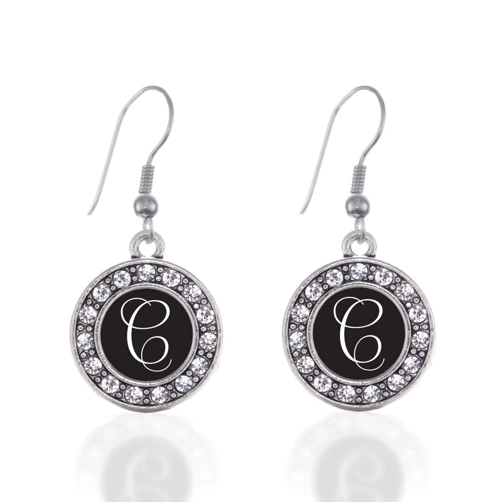 Silver My Script Initials - Letter C Circle Charm Dangle Earrings