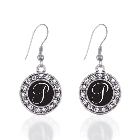 Silver My Script Initials - Letter P Circle Charm Dangle Earrings