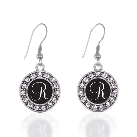 Silver My Script Initials - Letter R Circle Charm Dangle Earrings