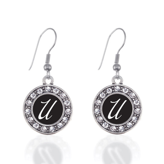 Silver My Script Initials - Letter U Circle Charm Dangle Earrings