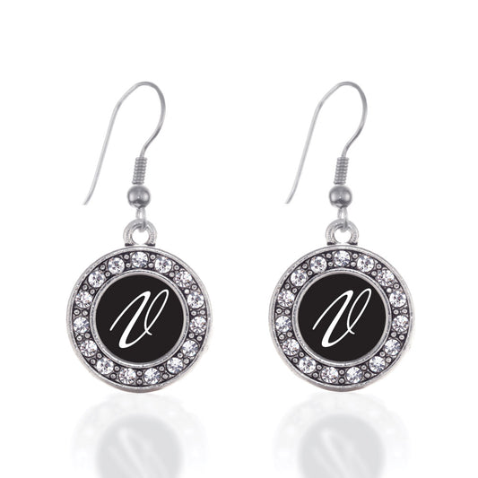 Silver My Script Initials - Letter V Circle Charm Dangle Earrings