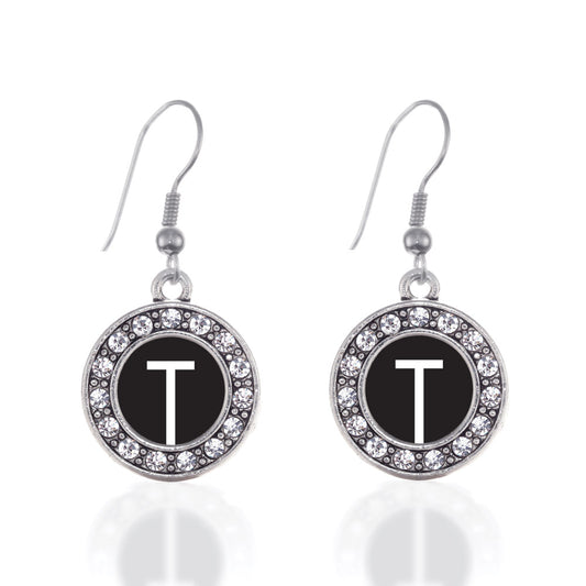 Silver My Initials - Letter T Circle Charm Dangle Earrings