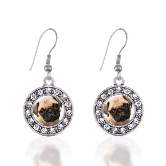 Silver Pug Circle Charm Dangle Earrings