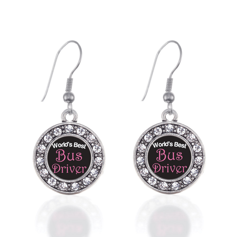Silver World's Best Bus Driver Circle Charm Dangle Earrings