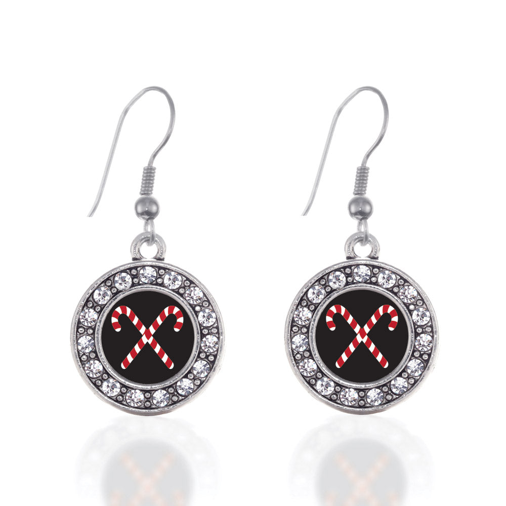 Silver Candy Cane Circle Charm Dangle Earrings