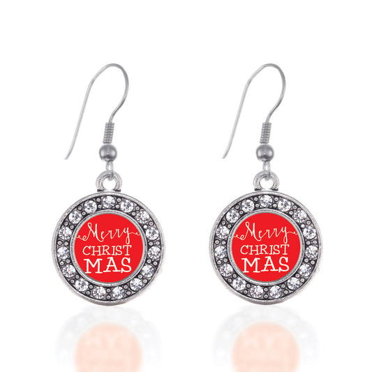 Silver Merry Christmas Circle Charm Dangle Earrings