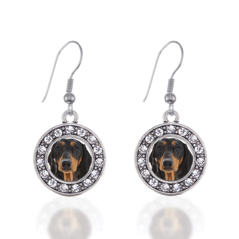 Silver The Dachshund Circle Charm Dangle Earrings