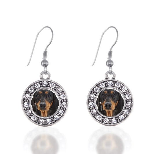 Silver The Dachshund Circle Charm Dangle Earrings