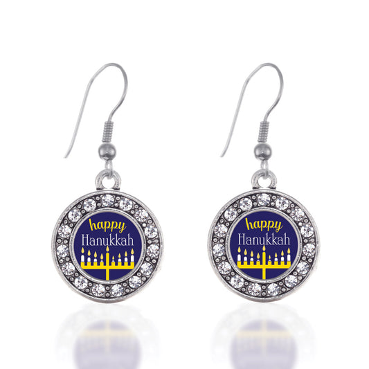 Silver Happy Hanukkah Circle Charm Dangle Earrings