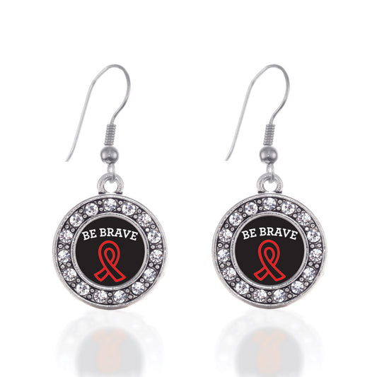 Silver Be Brave Heart Disease Awareness Circle Charm Dangle Earrings