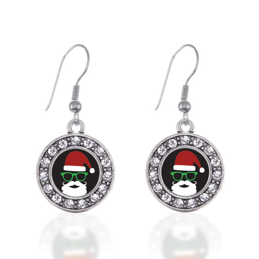 Silver Hipster Santa Circle Charm Dangle Earrings