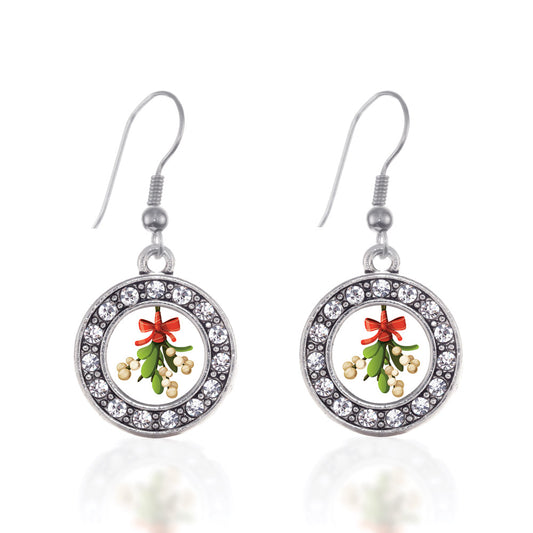 Silver Mistletoe Circle Charm Dangle Earrings