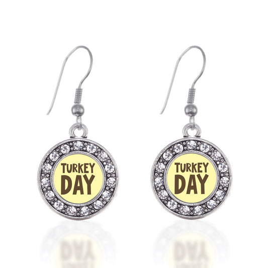 Silver Turkey Day Circle Charm Dangle Earrings