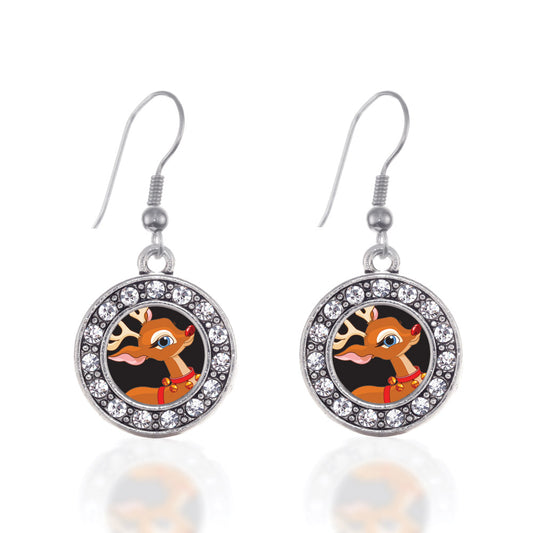 Silver Red Nosed Reindeer Circle Charm Dangle Earrings