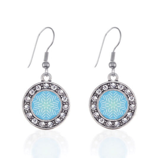 Silver Snowflake Circle Charm Dangle Earrings